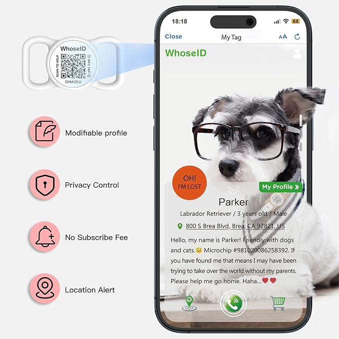 QR Code Dog Tag with NFC, Personalized Pet ID Tag, Silent Silicone Dog Tag, Modifiable Pet Online Profile, Multiple Emergency Contact, Scan QR Code Send GPS Location Email (Regular, White)