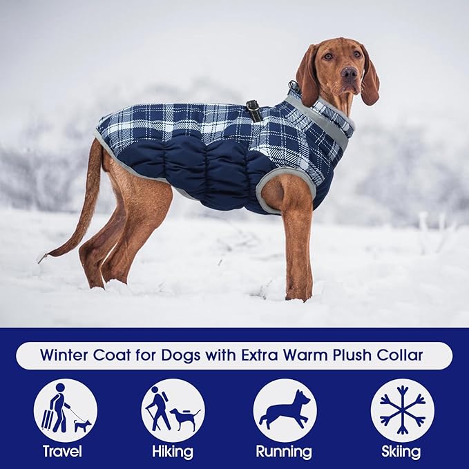 FUAMEY Dog Coat for Large Dogs,Waterproof Dog Winter Jacket with Harness Built in Puppy Cold Weather Coats Reflective Pet Vest with Zipper Warm Fleece Dogs Snowsuit Windproof Blue Plaid L