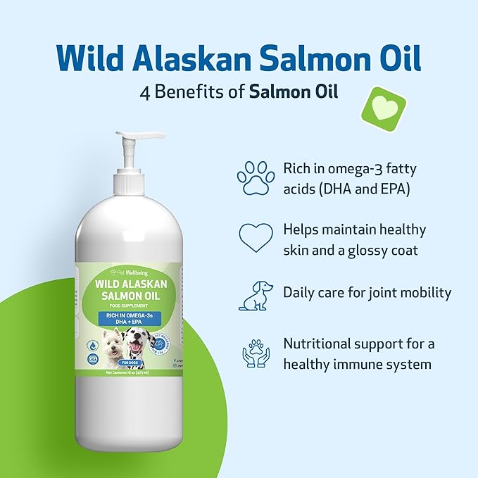 Pet Wellbeing Wild Alaskan Salmon Oil for Dogs - Wild-Caught, Cold-Processed, Daily Omega-3 Fish Oil for Healthy Coat and Skin, Joint Mobility and Strength - EPA, DHA - 16 fl oz (473 ml)