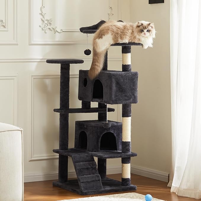 Sweetcrispy 54 Inch Cat Tree Tower, Multi-Level with Cat Scratching Post, Indoor Cat Condo with Climbing Ladder, Plush Toy, Play House for Cat, Grey