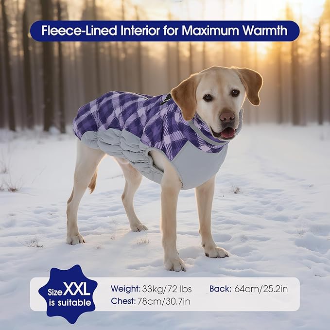 FUAMEY Dog Coat for Small Dogs,Waterproof Dog Winter Jacket with Harness Built in Puppy Cold Weather Coats Reflective Pet Vest with Zipper Warm Fleece Dogs Snowsuit Windproof Purple Plaid S
