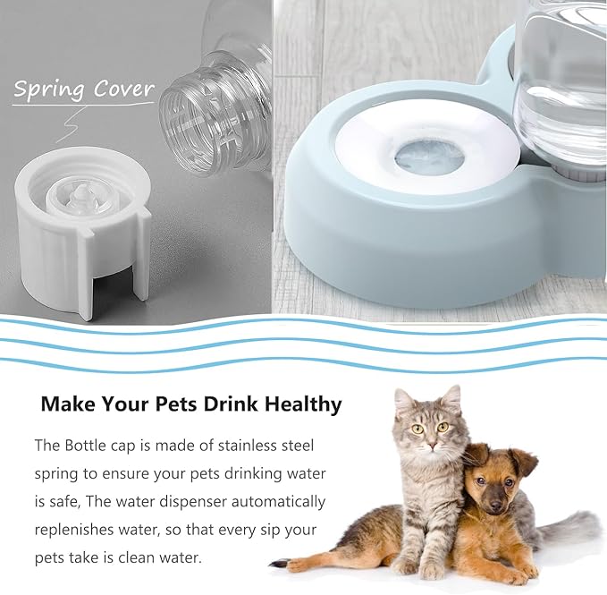 Dog Bowls, Puppy Cat Food and Water Bowl Set with Water Dispenser and Stainless Steel Bowl Non-Slip Mat, Detachable Gravity Pet Feeder and Waterer Set for Cats Dogs Puppy Rabbit (Grey)