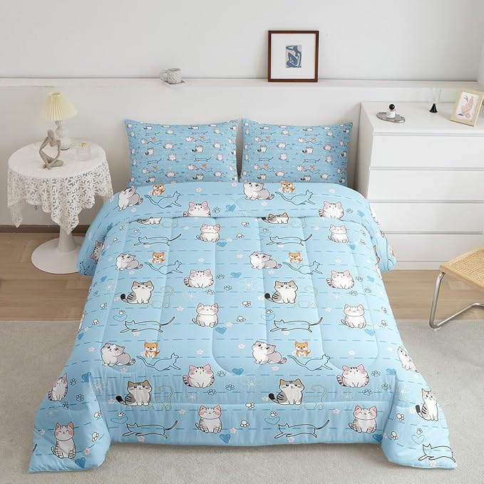 Erosebridal Cartoon Cute Bedding Twin Kawaii Cat Comforter Set for Boys Girls, Kids Kitten Down Comforter Geometric Stripe Lines Bed Set, Lovely Cat Dog Paws Quilted Duvet for Boys Girls, Blue 2pcs
