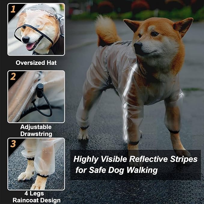 Olsa Dog Raincoat, Dog Hooded Slicker Poncho, 4 Legs Rain Jacket with Reflective Stripe, Transparent Water Proof Resistant Rain Snow Clothes for Small Medium Large