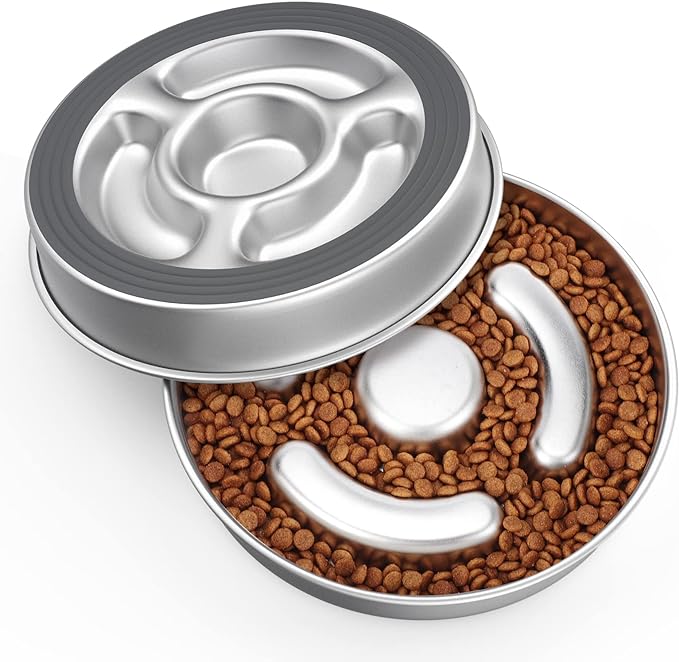 Stainless Steel Non Slip Slow Feeder Dog Bowl, 4 Cup Metal Dog Food Bowl for Medium and Large Dogs, Slows Down Fast Eating Pets, Fun Bloat Stop Pet Bowl
