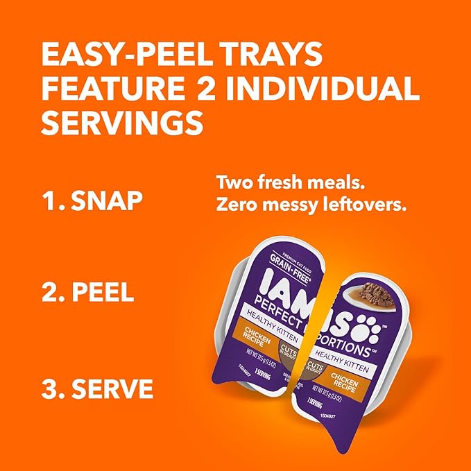 IAMS Perfect Portions Healthy Kitten Grain Free Wet Cat Food Cuts in Gravy, Chicken Recipe, 2.6 oz. Easy Peel Twin-Pack Trays (24 Count, 48 Servings)