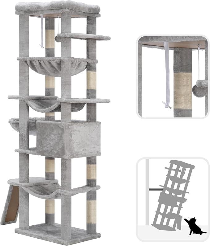 Hey-brother Cat Tree, 69.3-Inches Multi-Level Plush Cat Tower for Indoor Cats with Large Top Perch, Extra Spacious Hammock, 2 Hammocks Ramp, Hanging Ball, Light Gray MPJ037W