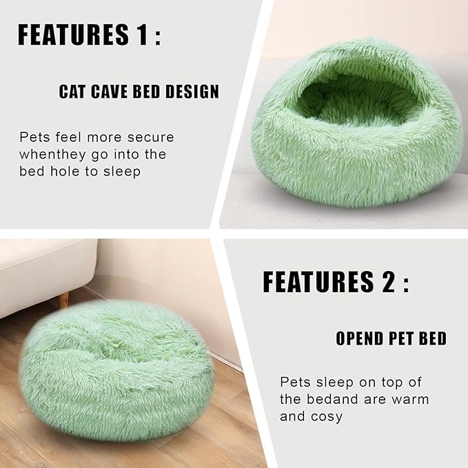Calming Dog Beds & Cat Cave Bed with Hooded Cover,Washable Round Beds for Small Medium Pets,Anti-Slip Faux Fur Fluffy Coved Bed,Comfortable Warming Pet Bed(20 * 20inch,Green)