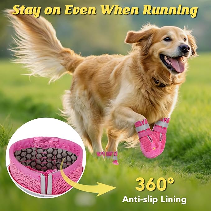 LUCKYPAW Dog Shoes for Large Medium Dogs, Breathable Dog Boots for Hot Pavement, Paw Protectors for Summer Walking Hiking Winter Snow Outdoor, No Slip Reflective Booties for Hardwood Floor-Hot Pink, 6