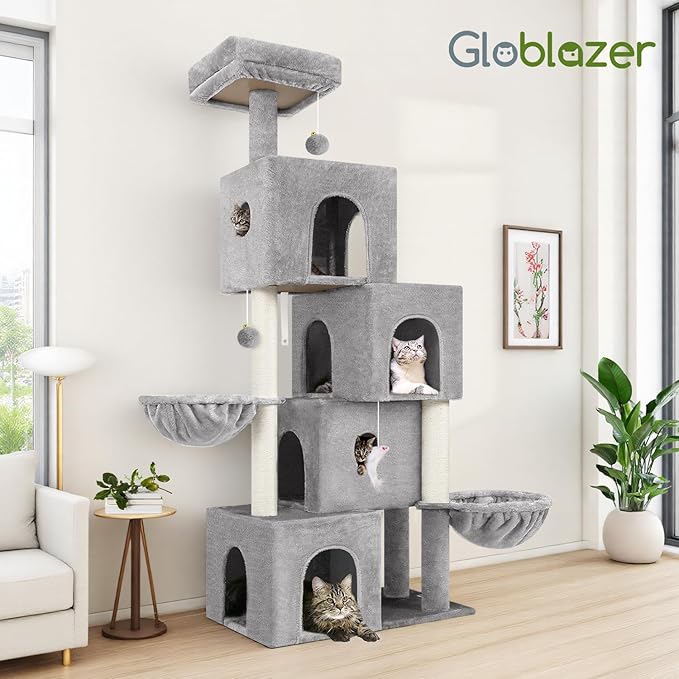 Globlazer Cat Tree Tower Cat Condo for Mutilple Indoor Cats, 70in Tall Cat Tree Furniture Activity Center with 4 Cat Condos, 3 Scratching Posts, 2 Hanging Baskets, Padded Top Perch, F70C, Light Gray