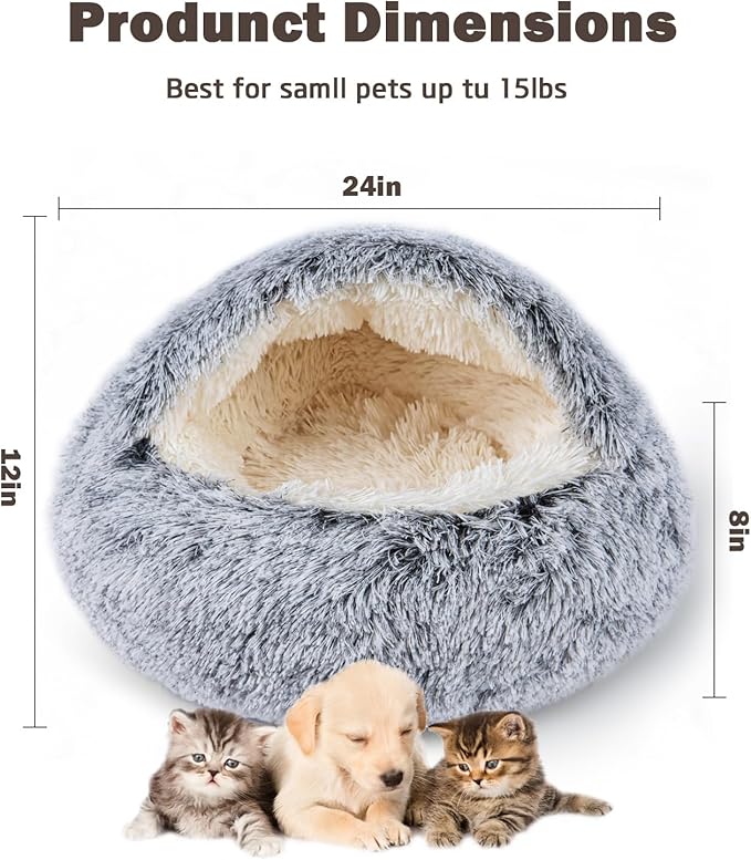 Cat Bed Calming Cat Beds,Indoor Washable Cat Bed,Anti-Slip Faux Fur Fluffy Cuddler Anxiety Cat Bed,Warming Cuddler Cushion Bed for Small Medium Dogs and Cats (Grey, 24 * 24inch)