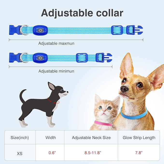 YFbrite LED Dog Collar XS, Lightweight Cat Collar Light, Comfortable Light Up Puppy Collars, USB Rechargeable Adjustable Puppy Walking Safety Light (Blue, XS)