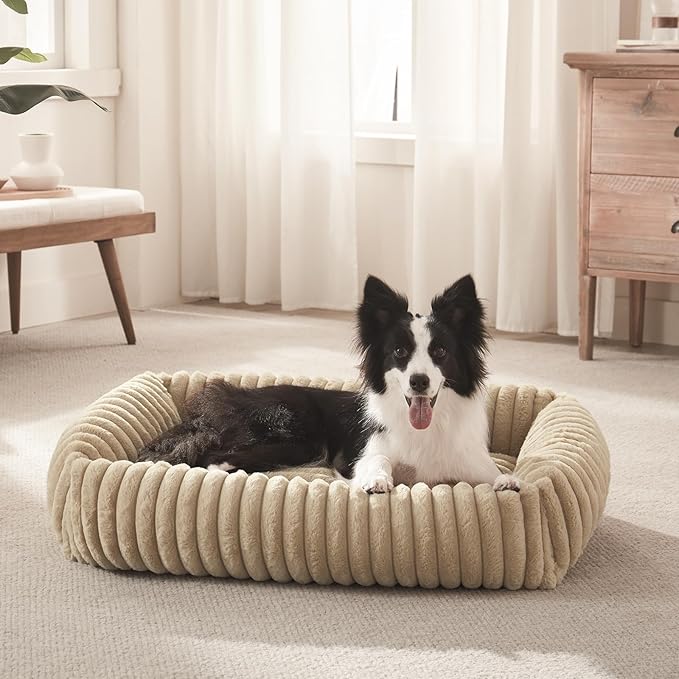 Dog Beds Medium Sized Dog, Washable Orthopedic Pet Bed with Removable Cover, Rectangle Soft Calming Sleeping Puppy Bed Durable Pet Cuddler with Anti-Slip Bottom, 30"x24"x8" Beige