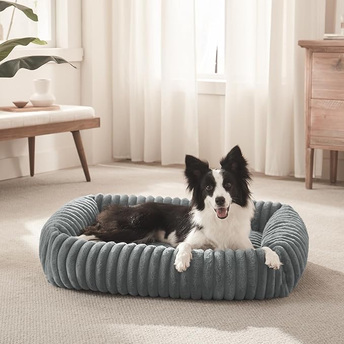 Dog Beds Medium Sized Dog, Washable Orthopedic Pet Bed with Removable Cover, Rectangle Soft Calming Sleeping Puppy Bed Durable Pet Cuddler with Anti-Slip Bottom, 30"x24"x8" Grey