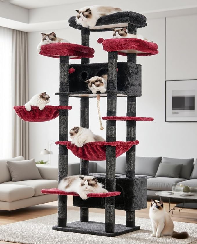 Cat Tree for Indoor Cats Large Adult, 74" Cat Tower for with 3 Big Platforms, 2 Baskets, 2 Condos, Multi-Level Cat Scratching Posts, Black and Red GCT030BR