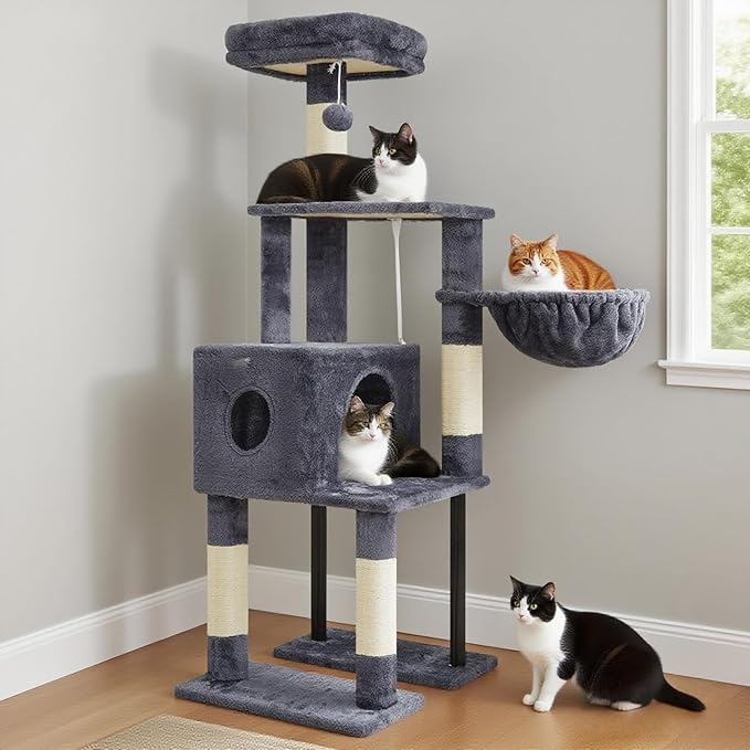 Heybly Cat Tree, 49.2 Inches Cat Tower for Indoor Cats, Spacious Cat House Condo with Hidden Space,Sturdy Steel Tube,Soft Plush Top Perch,Cozy Hammock and Sisal Scratching Posts, Smoky Gray HCT200SG