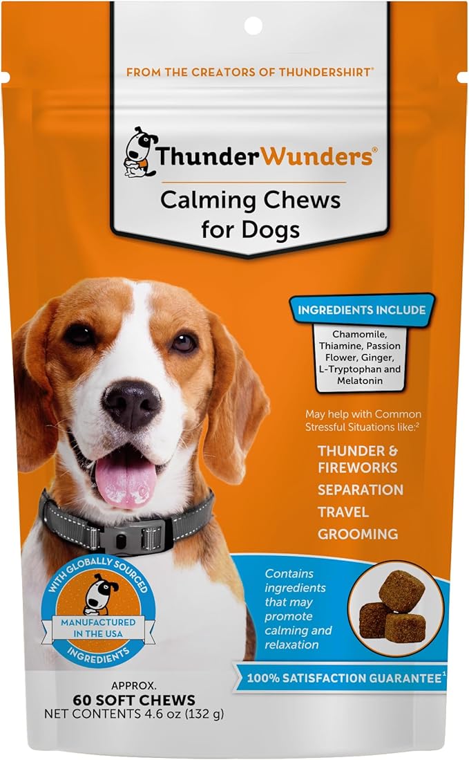 ThunderWunders Dog Calming Chews | Thiamine, L-Tryptophan, Melatonin and Ginger | Can Help Relieve Stress from Separation, Storms, Fireworks & Travel (60 Count)