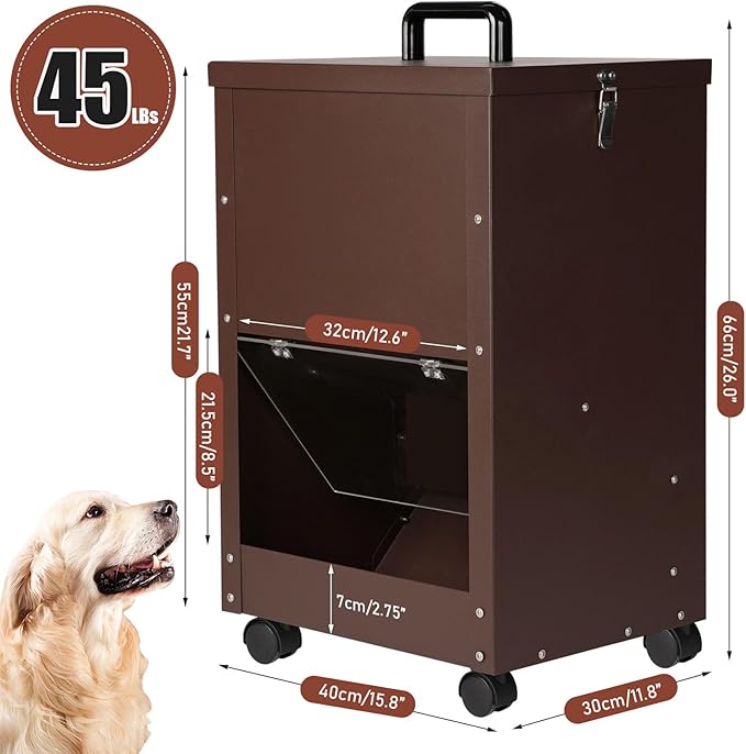 Galvanized Automatic Dog Feeder Large Breed 45 Pounds, Metal Dog Food Gravity Feeder Extra Large Automatic Pet Feeder, Easy to Move with Wheels