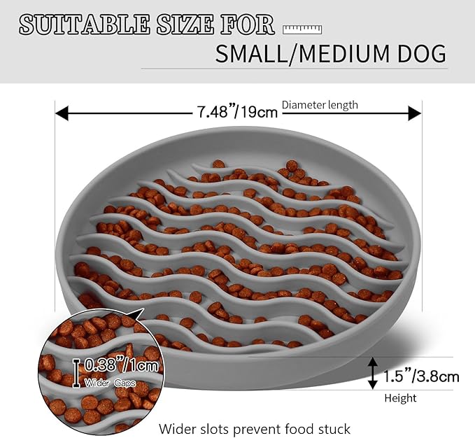 Slow Feeder Dog Bowls, Silicone Food Bowl Anti-Gulping, Pets Puppy Slow Feeder with Suction Cups, Dishwasher Microwave Safe for All Small Medium Dogs, Wave Design Grey