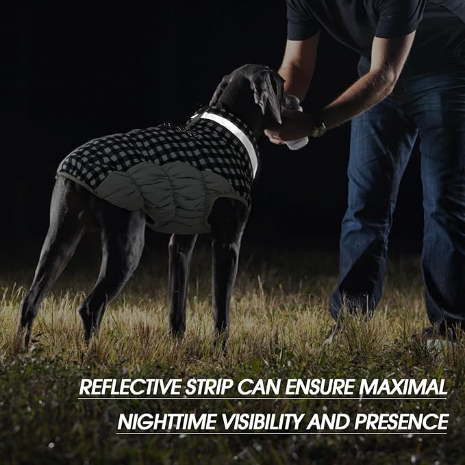 FUAMEY Dog Coat for Large Dogs,Waterproof Dog Winter Jacket with Harness Built in Puppy Cold Weather Coats Reflective Pet Vest with Zipper Warm Fleece Dogs Snowsuit Windproof Checkerboard XL