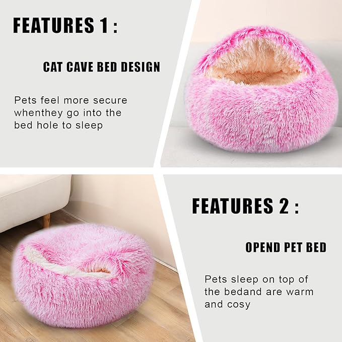Calming Dog Beds & Cat Cave Bed with Hooded Cover,Washable Round Beds for Small Medium Pets,Anti-Slip Faux Fur Fluffy Coved Bed,Comfortable Warming Pet Bed (24 * 24inch,Pink)