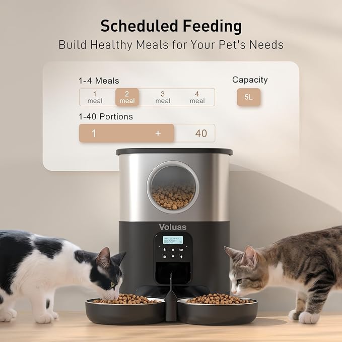 VOLUAS Automatic Cat Feeders for Two Cats,Stainless Steel 5L Pet Feeder for Cats and Dogs Timed Cat Feeder Pet Dry Food Dispenser, Silver Black