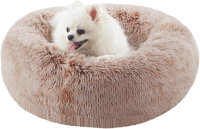 23 inches Donut Dog Bed for Small Dogs - Calming Washable Round Puppy Bed with Removable Cover, Fluffy Plush Pet Bed for Cats & Dogs, Fits up to 25 lbs Pets (Brown,Small)