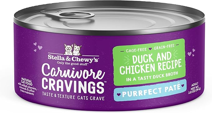Stella & Chewy's Carnivore Cravings Purrfect Paté - Premium Grain-Free Wet Cat Food - Duck & Chicken Recipe - High Protein with Bone Broth - Perfect for Picky Eaters - 2.8oz Cans (24 Pack)