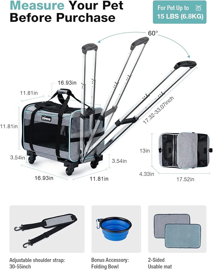 Cat Dog Carrier with Wheels Rolling Pet Carrier with Telescopic Handle, Shoulder Strap and Pet Bowl, Grey