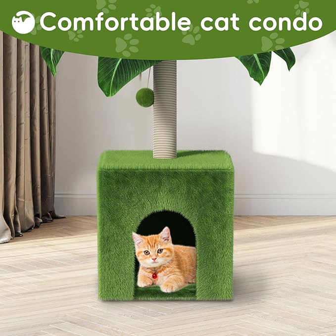 Cat Scratching Post with Condo, Palm Cat Tree Tower Natural Sisal Cat Scratcher Cat Bed Cat Furniture for Kittens and Cats
