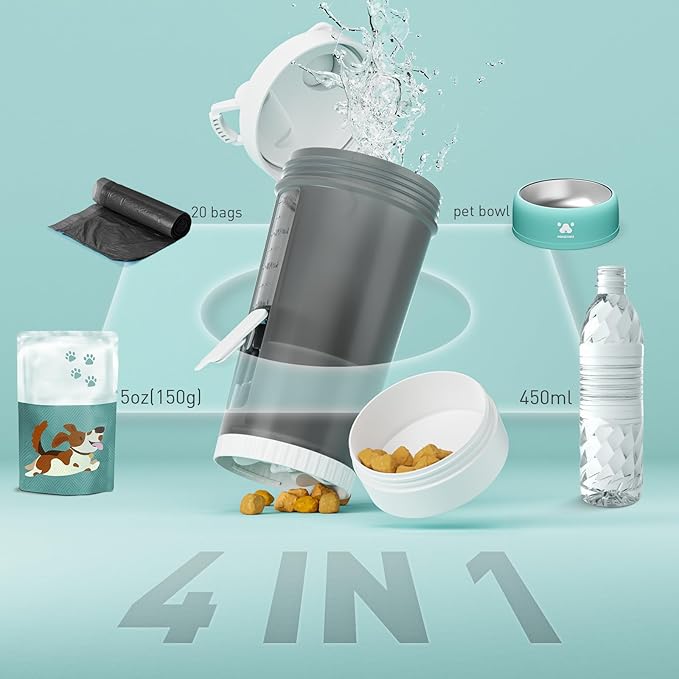 PAWGETHER® 4-in-1 Dog Water Bottle with Leak-Proof Portable Pet Water Bottle & Food Container & Poop Bag Dispenser & Built in Bowl for Outdoor Walking,Hiking,Travel(15oz for Water 5 oz for Food,Grey)