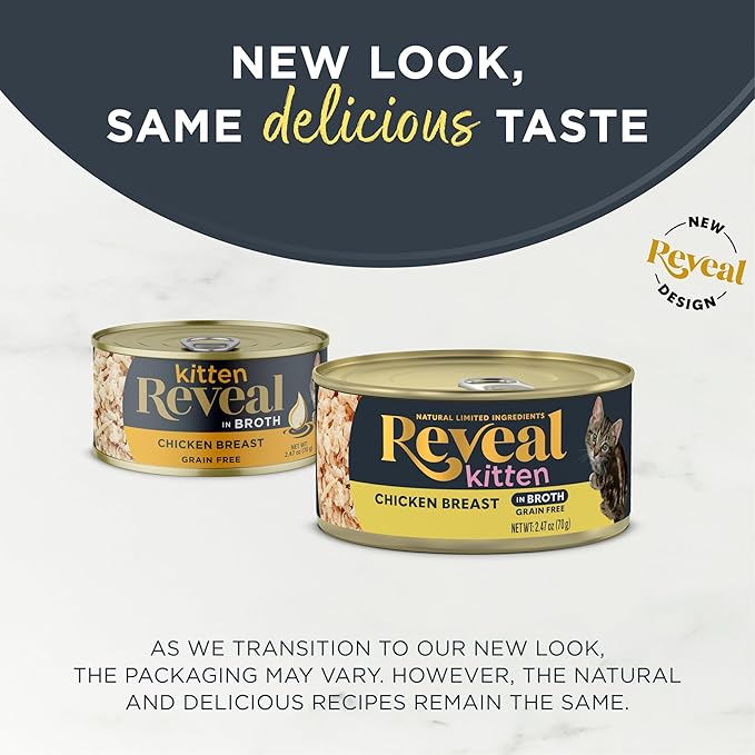 Reveal Natural Wet Kitten Food in Broth, Limited Ingredient Grain Free Canned Kitten Food, Protein with No Artificial Additives, Chicken Breast in Broth (12 x 2.47 oz Cans)