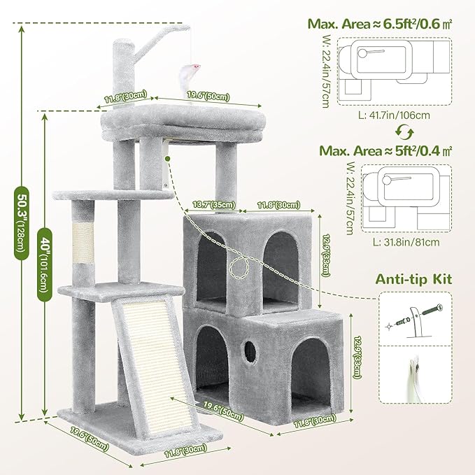 Globlazer F50 Cat Tower for Indoor Cats, 50-inch Heavy Duty Cat Tree for Big Cats, Cat Tree House with Extra-Large Padded Platform, Sisal Scratching Board, 2 Large Condos, Cloud Grey