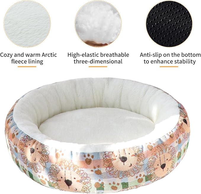 Circular Calming Dog & Cat Bed Anti-Anxiety Plush Dog Bed Washable Pet Bed with Anti Slip Backing Donut Cuddler with Cute Jacquard Patterns for Cat and Small Puppy 20" (X-Small, Lion)
