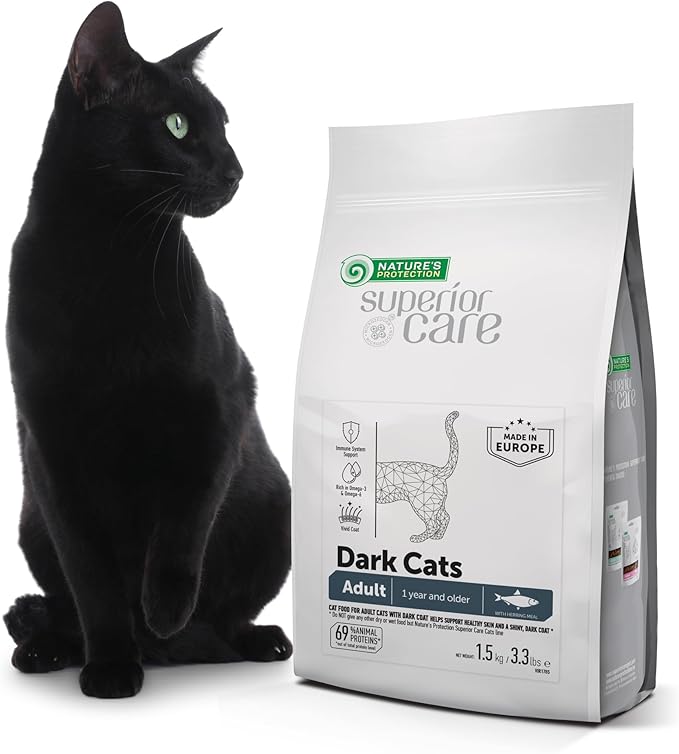 Nature's Protection Superior Care Dark Cats Grain Free Dry Cat Food with Herring, Adult All Breeds Dark Coated Cats, No Tear Stains, No Hairball 3.3 lb