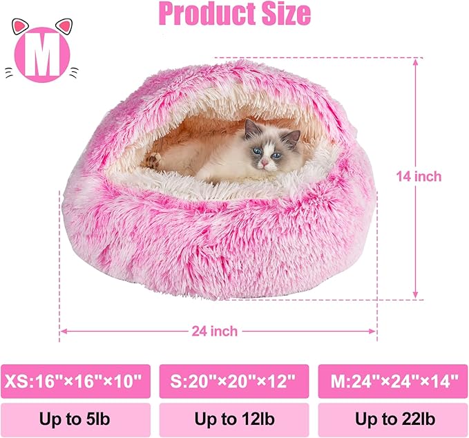 Cat Beds & Dog Bed with Cover Cave, Dog Beds for Small Dogs, Round Soft Plush Donut Calming Pet Bed for Indoor Cats or Small Dog, Washable Puppy Bed with Non-Slip Bottom-24inch