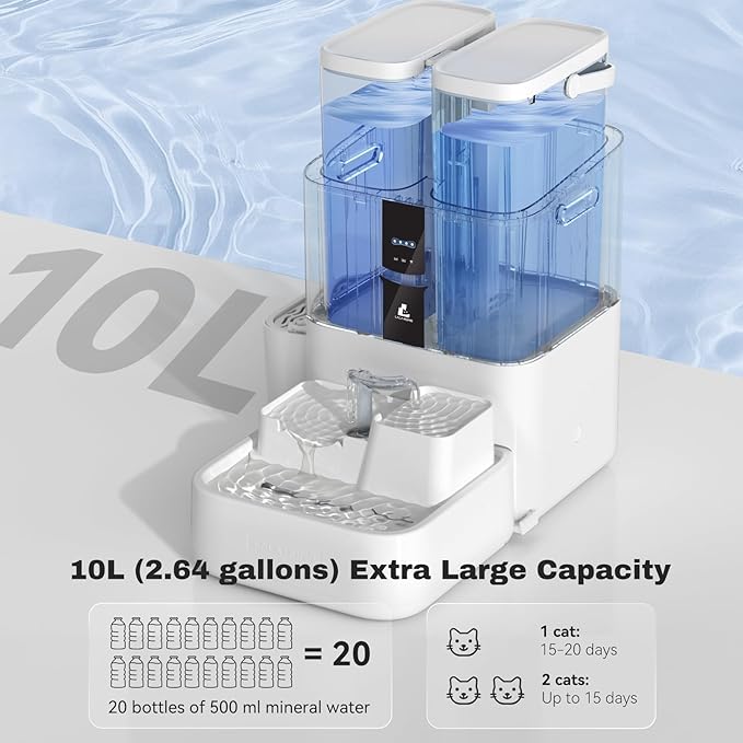 Automatic Cat Water Fountain 10L/338oz Self Filling and Cleaning, Pet Water Dispenser with Filter System for Dogs, 5G Wi-Fi Smart Bowl Wastewater Separation & No Slimy with Quiet Pumps