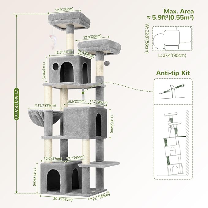 Globlazer Cat Tree Tall, 71 inches Cat Tower for Indoor Adult Cats Multi-Level 3 Condos for Indoor Cats XL Cat Tree Tower with Scratching Posts, Soft Extra Large Hanging Basket, F71, Light Gray