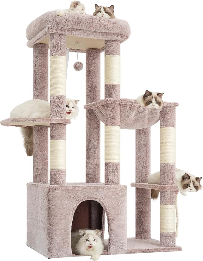 Heybly Heavy Duty Cat Tree, Tower for Indoor Cats Large Adult, Tall Cat Condo House with Extra-Large Baseboard, Multi-Level Plush Furniture with Scratching Posts, Hammock, Toy Ball, Muchroom HCT026MU