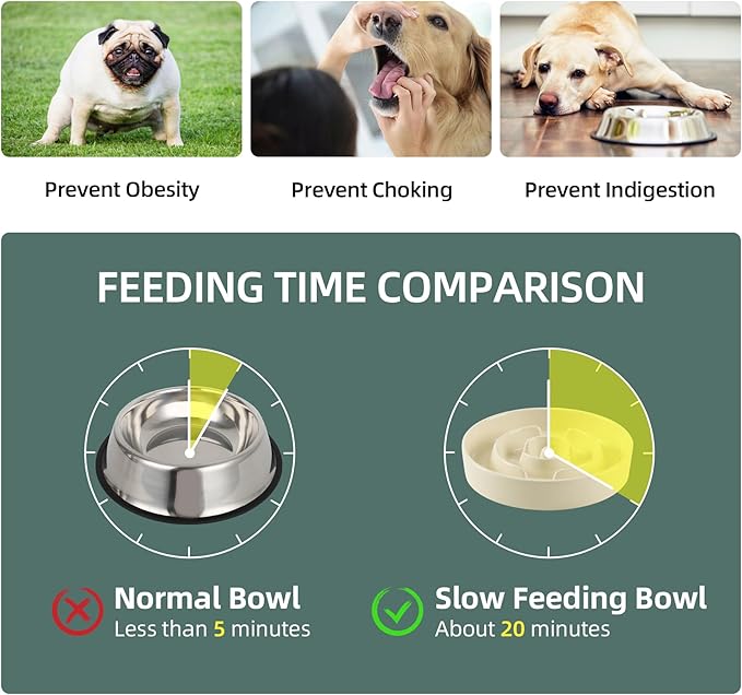 Ceramic Raised Slow Feeder Dog Bowl Set, Elevated 6.1inch Bowl and 7.3inch Puzzle Slow Food Dish with Wooden Stand for Small and Medium Dog, Anti-Gulping (2X Beige+ Stand)