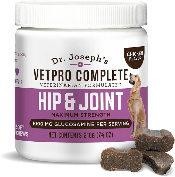 VetPro Complete Dr. Joseph's Dog Hip and Joint Supplement, 60 Count, Chicken Flavored Pain and Inflammation Relief Chews with Glucosamine, Chondroitin, MSM, Turmeric, Vitamin C, Omega 3