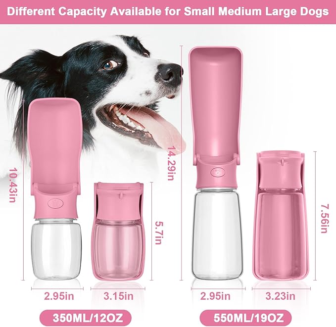 Portable Dog Water Bottle - Foldable Dog Water Dispenser | Leak Proof & Food Grade Plastic Travel | Pet Water Bottle for Cat Outdoor Walking Hiking Travel(US) (Pink, 19oz)
