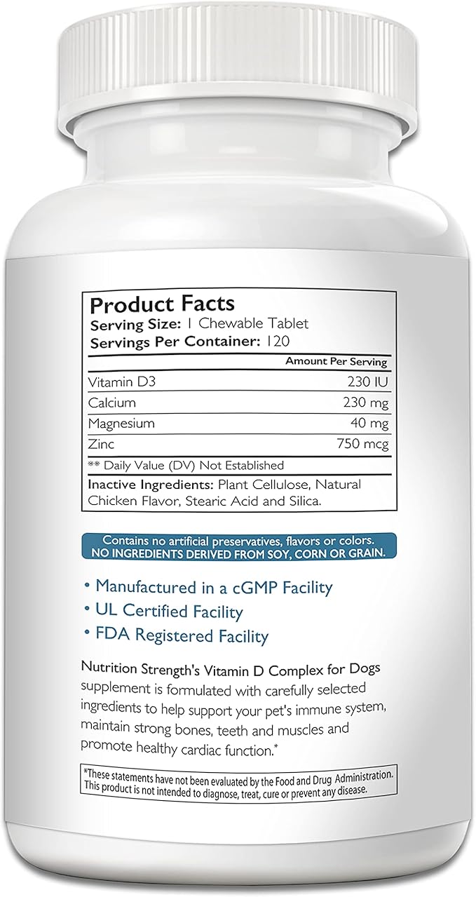 Vitamin D for Dogs with Calcium, Magnesium and Zinc to Support Strong Teeth, Bones and Muscles, Promote Mineral Metabolism and a Healthy Immune Function, 120 Chewable Tablets