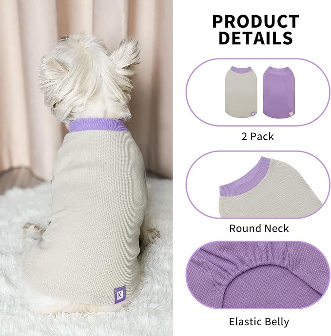 KYEESE 2Pack Dog Shirts Waffle for Small Dogs Stretchy Dog T-Shirts Lightweight Dogs Tank Top Sleeveless Pet Vest Breathable, X-Large, Purple+Grey