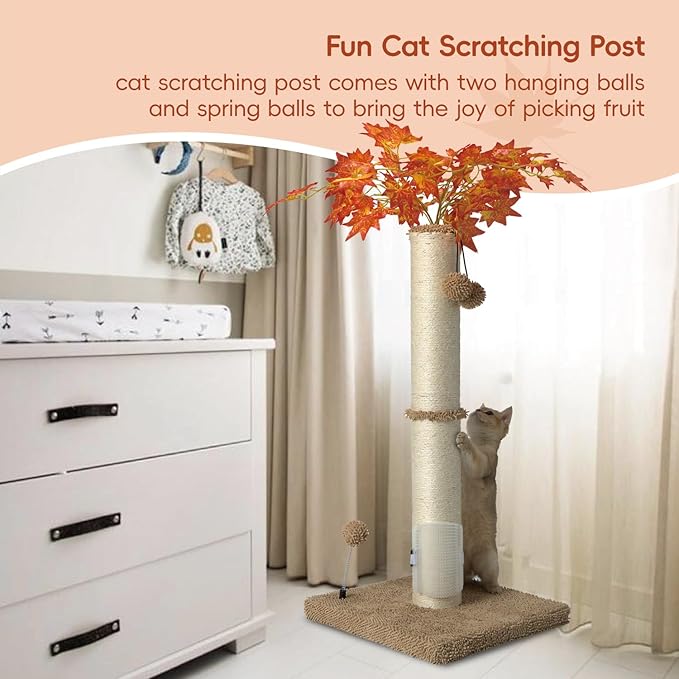 MECOOL Cat Scartching Post,35-inch Heavy Duty and Thicker Large Scartching Posts for Indoor Cats,Natural Sisal Rope and Hanging Ball Toy, Self-Grooming Brush,Beige