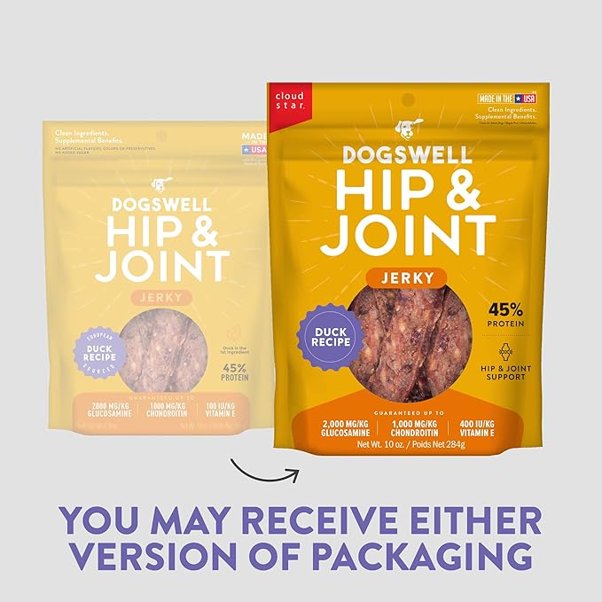 DOGSWELL Jerky Hip and Joint Dog Treats Grain Free Made in USA Only, Glucosamine and Chondroitin, 10 oz Duck (842194)