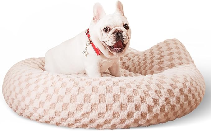 Round Dog Bed for Small Dogs & Cats -Washable Dount Cute Cat Bed for Indoor Cats, Orthopedic Sherpa Fleece Soft Cozy Calming Pet Bed with Removable Zipper Cover (Khaki Check, (23x23x8inches))