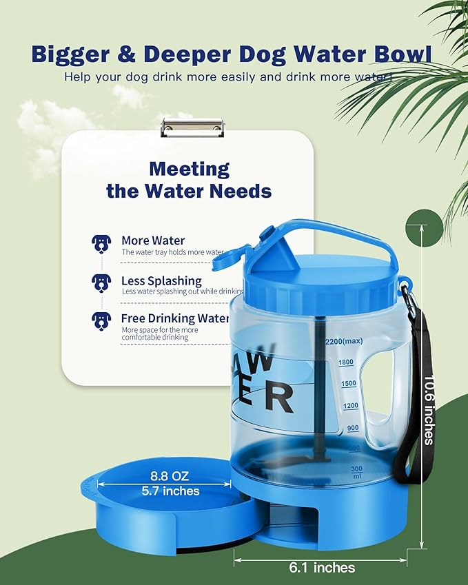 77oz Large Dog Water Bottle - Portable Travel Dog Water Dispenser & Bowl - Leak-Proof Pet Water Jug for Hiking, Camping, Walking & Car Trips, Blue