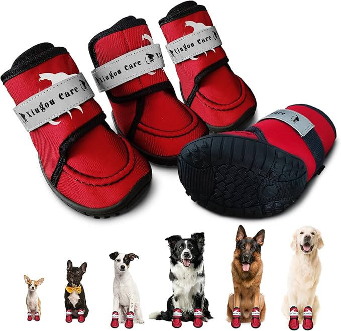Dog Shoes for Small, Medium and Large Dogs - Waterproof for Rainy Days, Fit for Winter Snow and Hot Summer Roads, with Anti-Slip Soles for Indoor Hard Floors (Red, Size 4)