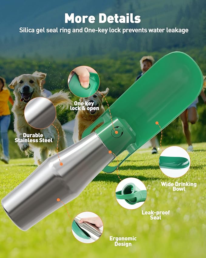 Portable Dog Water Bottle Bowl - 27 oz Travel Water Bowl Dispenser for Dogs, Stainless Steel Leak-Proof, A Must-Have for Outdoor, Camping, Walking, Beach, Hunting and Other Scenes (Green)